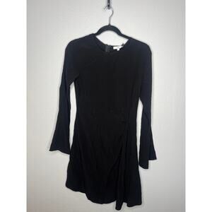 New NSR Black Mini Dress Side Knot Tie Back Zip Flared Long Sleeve Sz S